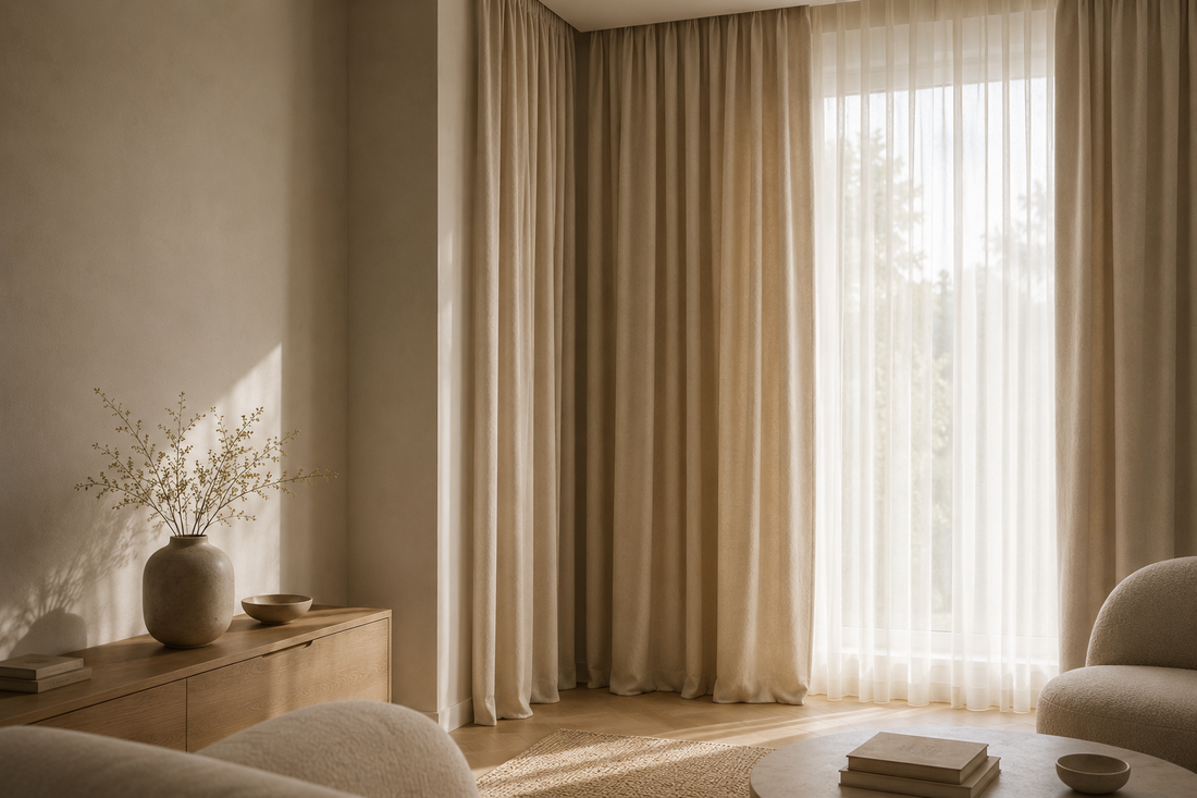 Deckenhohe Vorhänge und lichtdurchlässige Stores in einem modernen Wohnzimmer. Die Kombination aus sanften Naturtönen, großzügigem Stofffall und bodentiefen Fenstern sorgt für eine elegante und harmonische Raumwirkung.