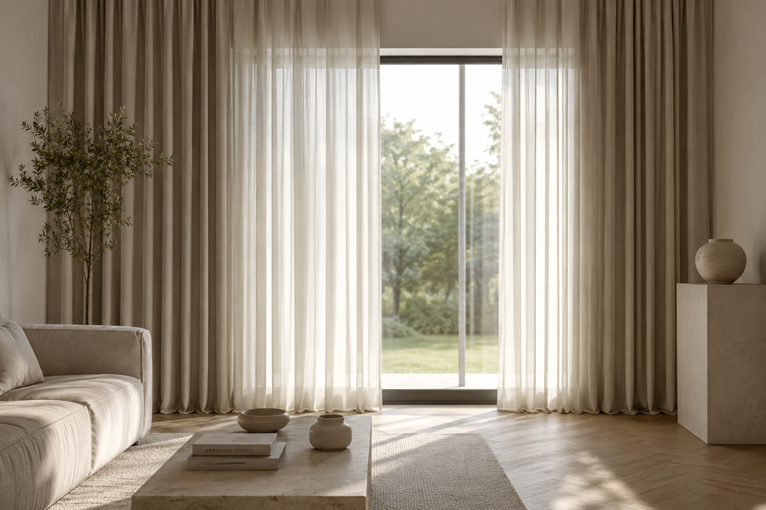 Deckenhohe Vorhänge mit transparenten Stores in einem modernen Wohnzimmer. Die Kombination aus blickdichten Vorhängen und lichtdurchlässigen Gardinen sorgt für Privatsphäre, weiches Tageslicht und eine ruhige, hochwertige Raumwirkung.