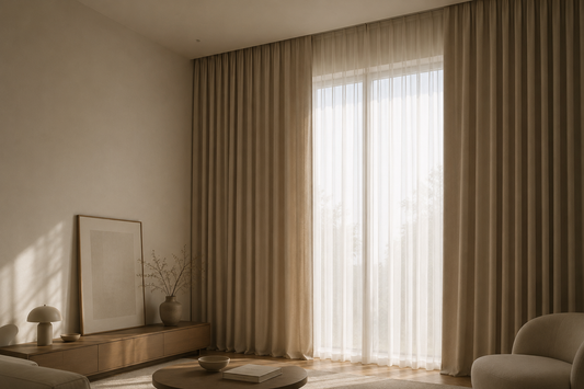 Deckenhohe Vorhänge in einem hellen, minimalistischen Wohnraum mit ruhiger Atmosphäre.