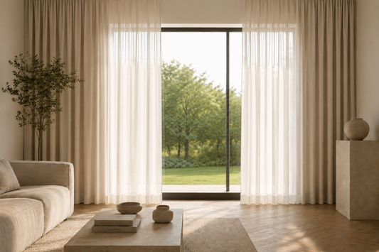 Wohnzimmer mit deckenhohen Vorhängen in Offwhite, transparenten Stores und bodentiefem Fenster. Die großzügige Stoffmenge und die hohe Montage lassen den Raum größer und hochwertiger wirken.