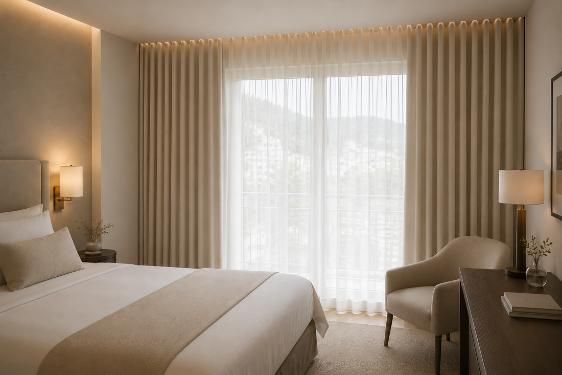 Hotelzimmer mit deckenhohen offwhite Vorhängen in S-Wave-Faltung. Die großzügigen Vorhänge fallen ruhig bis zum Boden und verleihen dem Raum eine hochwertige, harmonische Wirkung.