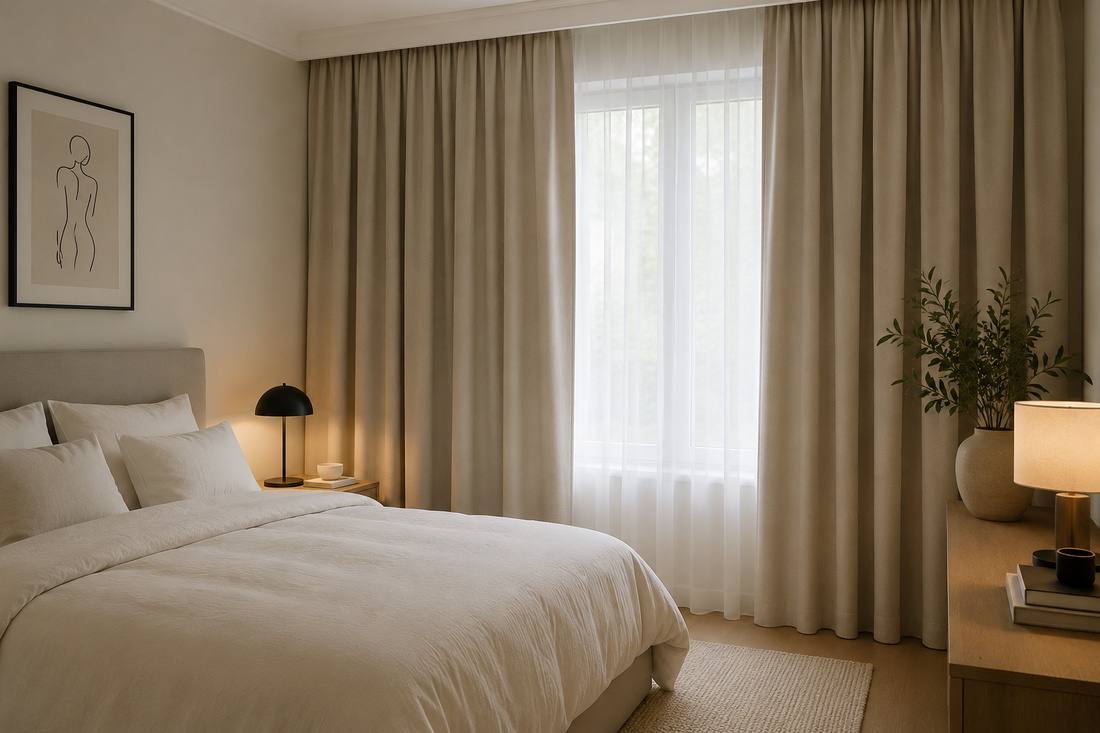 Schlafzimmer mit Soft White Blackout-Vorhängen für besseren Schlaf und mehr Ruhe.