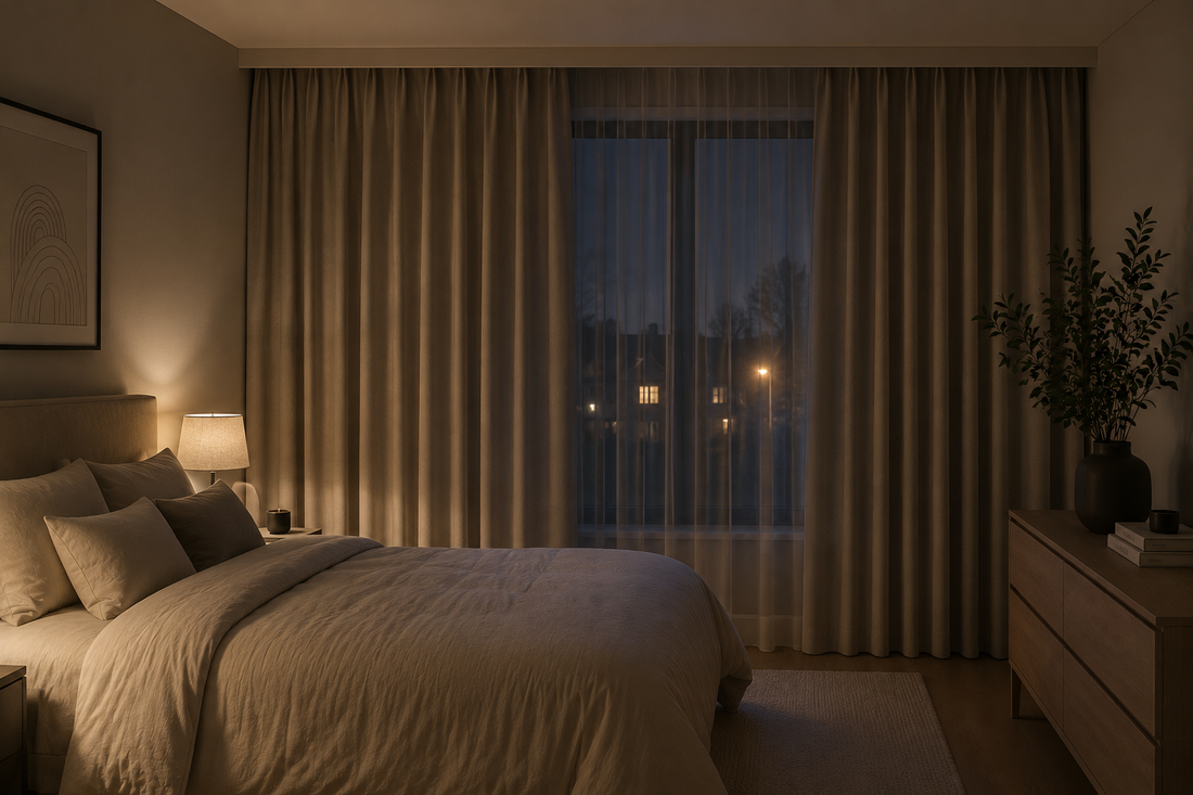 Modernes Schlafzimmer mit Soft White Verdunkelungsvorhängen, gemütlichem Bett und warmem Licht. Die Blackout-Vorhänge sorgen für eine ruhige Atmosphäre und helfen dabei, das Schlafzimmer optimal abzudunkeln.