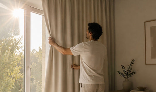 Eine Person schließt an einem sonnigen Tag einen hellen Verdunkelungsvorhang, um direkte Sonneneinstrahlung im Wohnraum zu reduzieren.