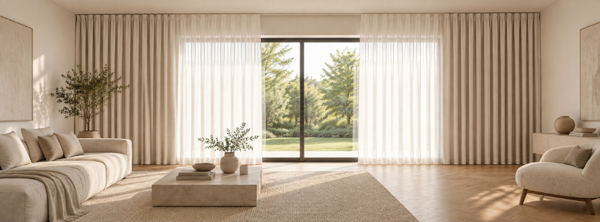 Helles Wohnzimmer mit transparenten und blickdichten Vorhängen
